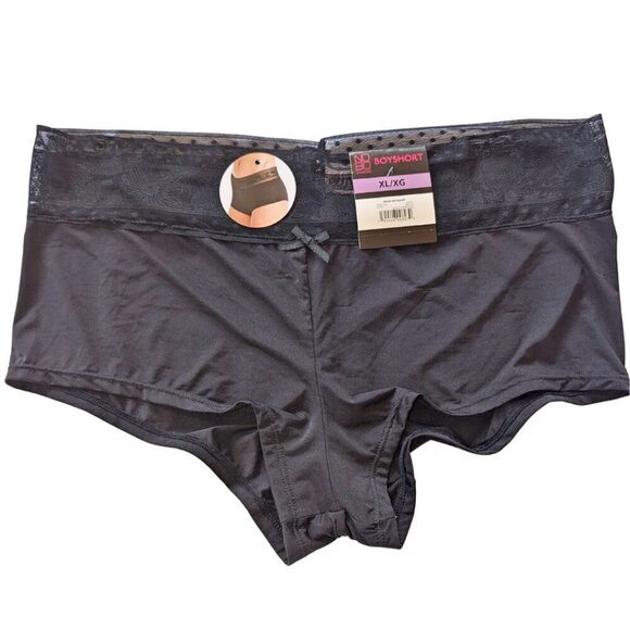 XL X-LARG BLACK BOYSHORT PANTIES LACE PRINT NO BIND BAND SILKY GATHERED BACK NWT - Picture 1 of 2